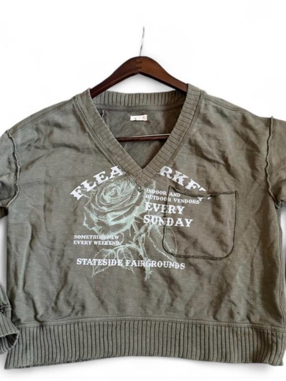 Pilcro Sold Out Flea Market Graphic V-Neck Pocket Sweatshirt - Olive Green